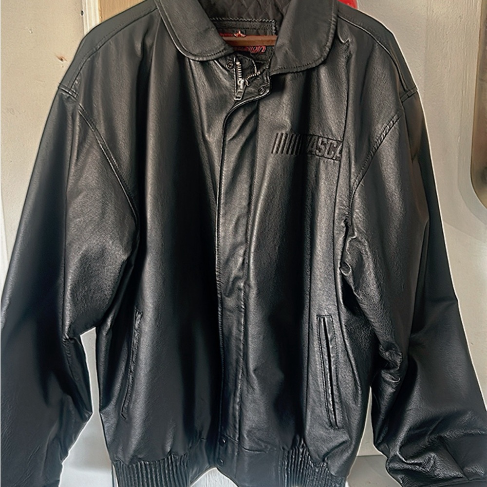 Nascar Black Bomber Jacket with Ribbed Cuffs and Fold-Down Collar